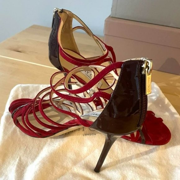 JIMMY CHOO FISCAL SUEDE & PATENT LEATHER STRAPPY STILETTO SANDALS (37.5) - Picture 6 of 8